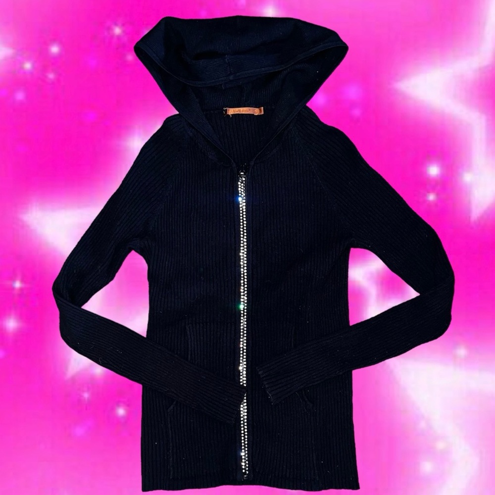 Belldini Ribbed Full Zip Rhinestone Sweater